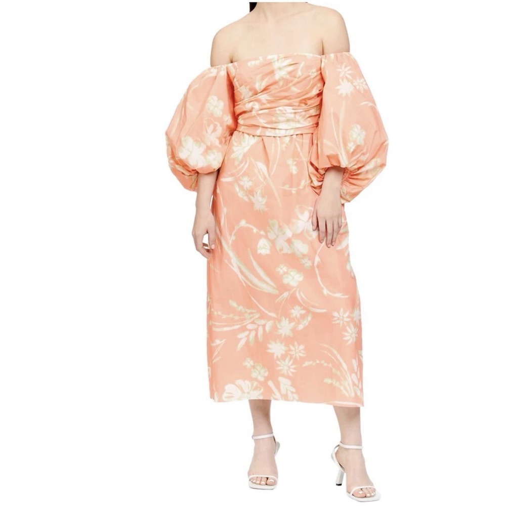 NEW! Tanya Taylor Alora Floral Off The-Shoulder Midi Dress Cotton Pink SZ 16